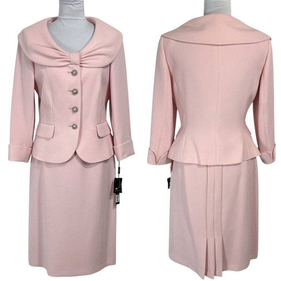 NEW Tahari ASL Jessielyn Blazer Skirt Suit Set Size 6 4 Bow Pleated‎ Pink Icon - Picture 1 of 16